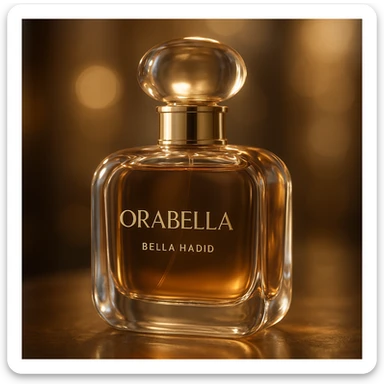 cinematic, realistic 3D rendering of the Orabella fragrance bottle by Bella Hadid, soft focus, glowing highlights, premium feel sticker