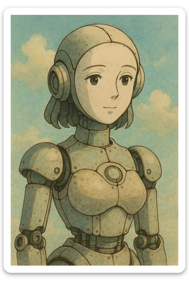 female robot, ghibli style, soft colors, gentle expression, mechanical elements sticker