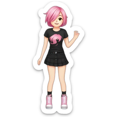 Full body Front view curvy emo girl pink hair sits on the floor straight view hands up black skirt полосатые рваные чулки sticker