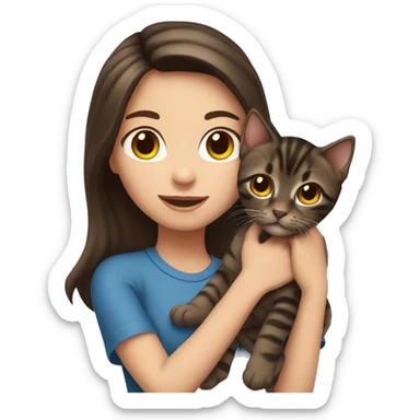 Brunette girl holding dark brown tabby kitten sticker