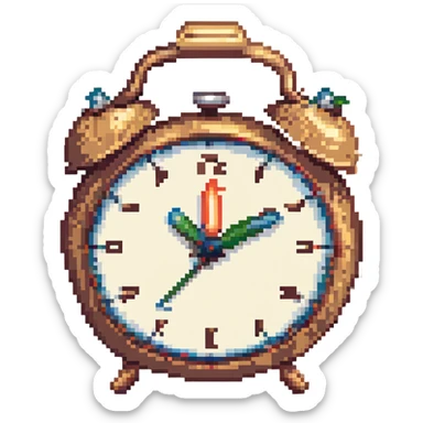 alarm clock emoji, pixel art style, retro, classic twin bells, clear face sticker