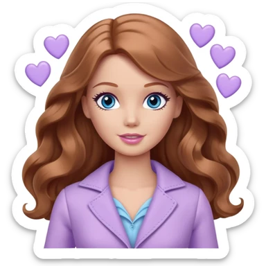 There are grey hearts all around Barbie girl Chestnut long wavy hair and blue eyes is In pale purple clothes sticker