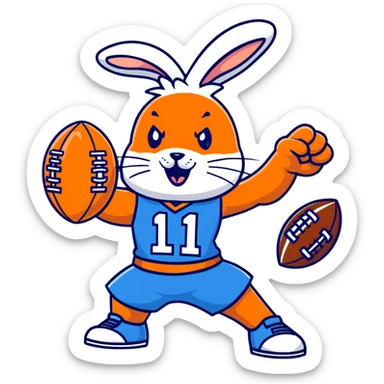bunny mascot wearing a blue football jersey, flexing sticker