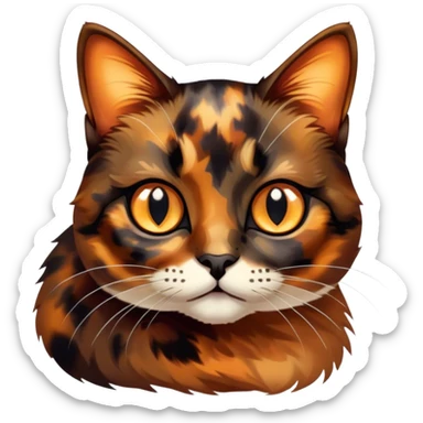 Cinematic Cute Tortoiseshell Cat Portrait Emoji, Head cocked sweetly with bright, curious eyes and a cuddly, mottled fur of rich browns and blacks, simplified yet charmingly adorable, highly detailed, glowing with a warm, gentle radiance, high shine, playful and endearing, styled with a dash of whimsical feline magic, soft glowing outline, capturing the essence of a cute tortoiseshell cat that seems ready to pounce with affectionate mischief! sticker