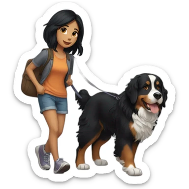 Girl with black hair walking a Bernese mountain dog  sticker