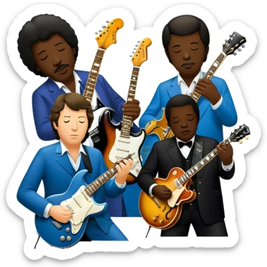 Icon for Blues Music: close-up collage of legendary blues artists. Gary Moore, Eric Clapton, B.B. King and Joe Cocker. Represented by silhouettes or symbolic items like guitars, microphones, or music notes, reflecting the soulful energy of blues music. Transparent background. sticker