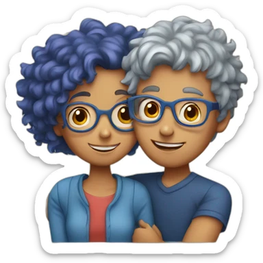 a girl with red curly hair and blue glasses hugging a boy with gray hair sticker