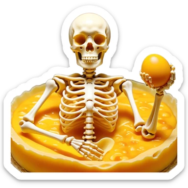 Ethereal pieces of aged cheese, golden egg yolk, and natto floating around a translucent glowing skeleton. Fine rays of golden light flow from the foods to the bones, where small locks open upon contact, guiding calcium like precision keys that prevent accumulation in arteries. sticker