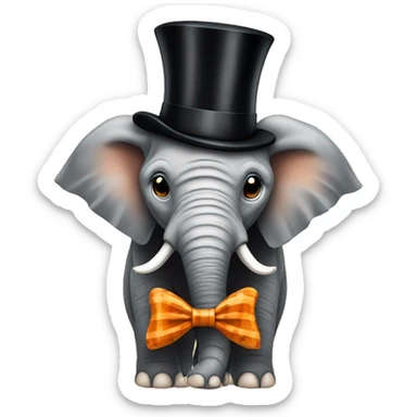 elephant with a  bow tie and top hat with an outfit that is orange and black tiger striped sticker