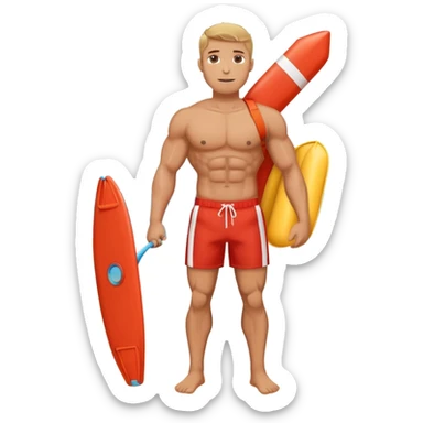 Muscular lifeguard man on beach with rescue tube sticker