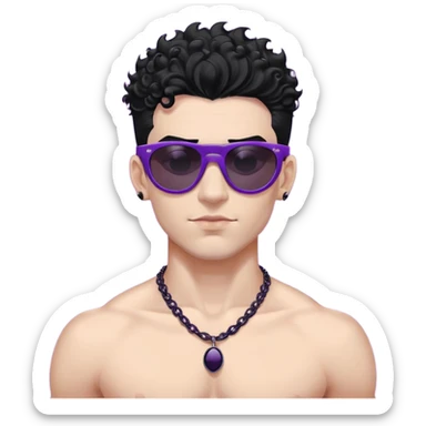 shirtless male athlete with white skin and moderately curly black hair on top with shaved sides, wearing purple sunglasses with very dark heavily tinted black lenses that completely hide the eyes, and a plain black chain necklace sticker
