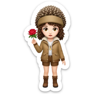 full body woman short curly brown mullet hair brown eyes white skin wearing hedgehog hat and thorny rose jacket sticker