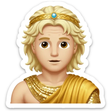 Apollo, God of Sun from Roman Deities with long platinum blonde wavy hair, gold sequin toga sticker