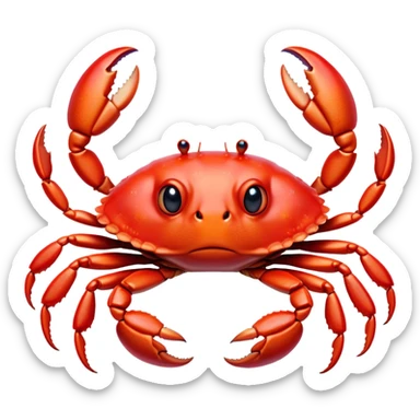 Cinematic Realistic Cute Crab Portrait Emoji, Head tilted playfully and inquisitively, featuring a compact, sturdy form with a glossy red shell uniquely forming an endearing face with bright, sparkling eyes, rendered with intricate natural textures and subtle coastal hues, high shine, affectionate and spirited, styled with a touch of seaside whimsy, soft glowing outline, capturing the essence of a mischievous yet lovable crab that seems ready to pinch playfully out of the screen into your arms! sticker