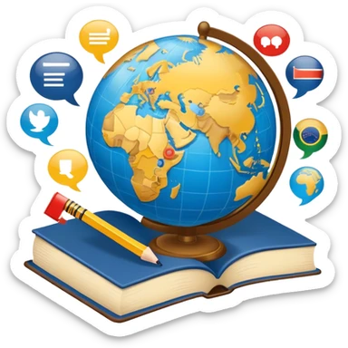 An icon featuring a globe with speech bubbles in different languages, symbolizing the study of foreign languages. The design includes a book and a pencil, representing learning and communication across cultures. Transparent background highlights the global nature of language education. sticker