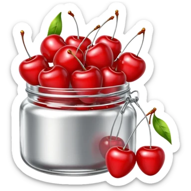 Realistic glass jar with silver metallic lid filled with maraschino cherries inside of it. sticker