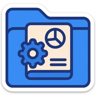 Place the book icon with gear and chart clearly visible and centered on the front of the blue folder. Keep the folder unchanged and leave some space around the edges. The style should be flat and modern with a fully transparent background, prioritizing clarity and recognizability. sticker