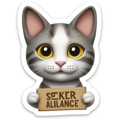 A cute cat holding a sign above its head that says "Seeker Alliance." sticker