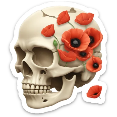 broken skull with poppies instead the brain sticker