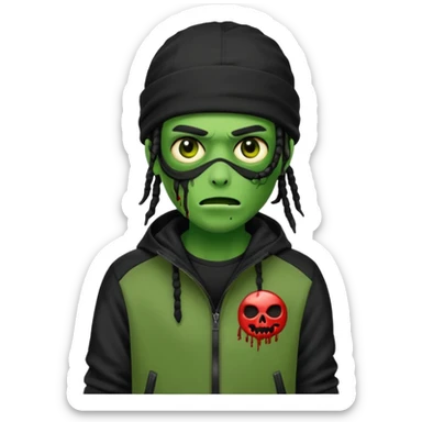 a zombie emoji with black dreads and a black nike jacket and black nike ski mask on his head sticker
