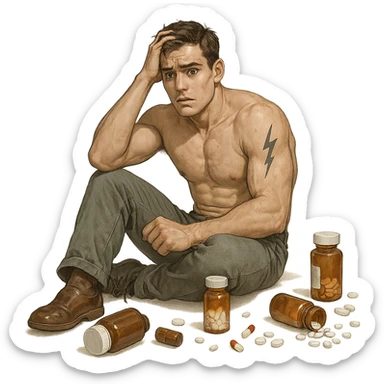 muscular but inexperienced young man surrounded by scattered bottles and pills, worried expression, temporary lightning tattoo on arm, experimental atmosphere, realistic details, isolated on white background sticker