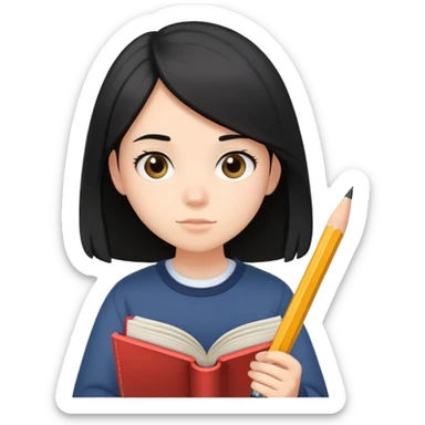 🏼😵‍💫👩✏️📚 balck mid length hair, soft bubble cute, introverted highschool student sticker