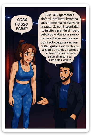 ispirati a questo stile di disegno e fai questa immagine in versione manga/webtoon a colori, il manga mostra la donna preoccupata che chiede: "COSA POSSO FARE?" E L'UOMO CHE RISPONDE: Busti, allungamenti o rinforzi localizzati lavorano sul sintomo ma non risolvono la causa. Se non insegni all’arto inibito a prendersi il peso del corpo e all’arto in sovraccarico a liberarsene, la curva potrà solo peggiorare; non resta uguale. Commenta con scoliosi e ti mando un esempio del lavoro da fare per recuperare simmetria ed eliminare il dolore. sticker