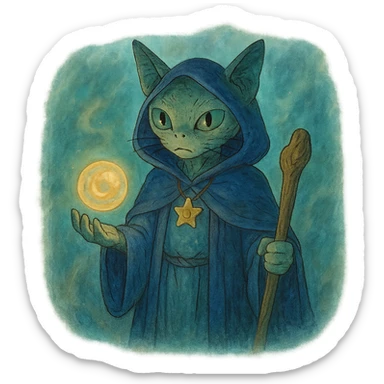 alien cat wizard with a floating orb in a mystical atmosphere sticker