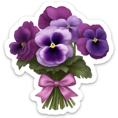 A bundle of pastel pansies and dark violet peonies wrapped in translucent deep pink fabric with a delicate bow. sticker
