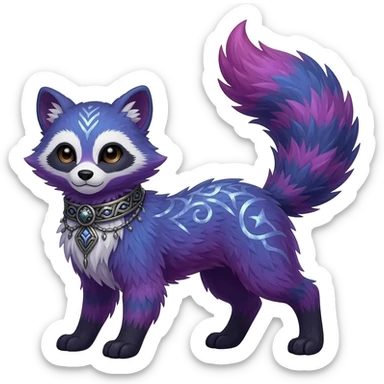 Rare colorful bluish purplish pinkish gradients furry fuzzy silvery exotic cute epic aesthetic gothic colorful Salandit-Eevee-Civet-species-Fakemon-hybrid-creature, with a collar, and with intricate tribal markings, full body sticker