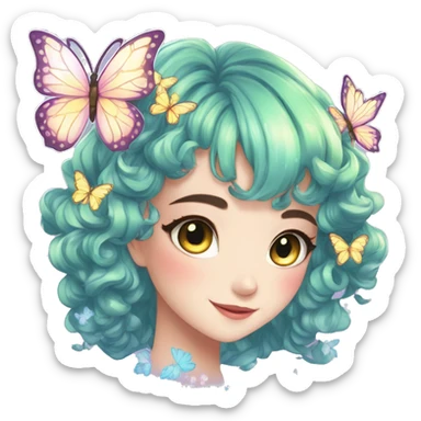 gorgeous shiny anime lady with butterflies and beautiful hair fairycore cottagecore high quality detailed sticker
