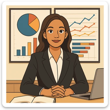 Convert this image to a cartoon style with a confident, successful CEO vibe. The girl should have slightly longer hair and lighter skin tone, maintaining her confident expression and professional appearance. sticker
