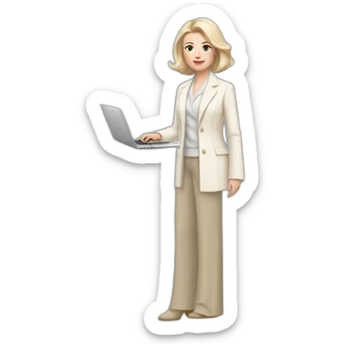 pale skin woman with ash blonde Straightened bob Hair, White Spacious classical jacket, beige palazzo Arrow pants and gray blouse holding a MacBook in the hands sticker