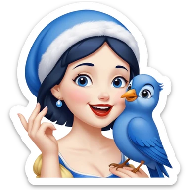 Cinematic Adorable Snow White Portrait Emoji, Giggling as a bluebird perches on her finger, cheeks rosy with joy, bright expressive eyes full of wonder, her innocence and beauty blending into a heartwarming moment! sticker