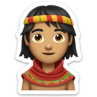 A shaved Inca man, neck-length black hair, wearing a red headband and wearing a red poncho (with yellow, green and red lines) sticker