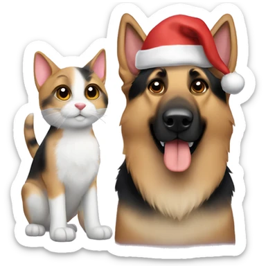 A German shepherd dog and a calico cat in Santa hats sticker