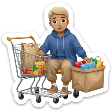A man in oversized second-hand clothes, sitting beside a shopping cart of items, looking around with soft hopeful eyes.
 sticker