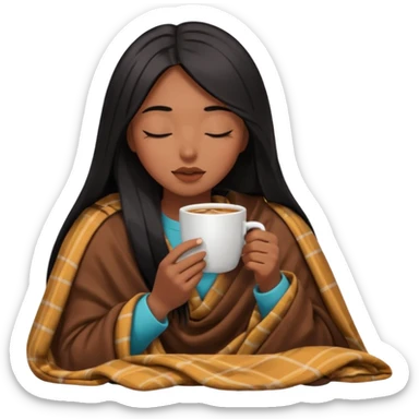 Chocolate brown girl with long straight jet black hair inside a blanket sipping coffee eyes closed sticker