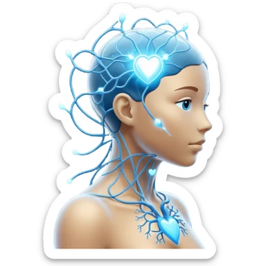 human silhouette with glowing nodes at head and heart, interconnected by flowing lines and floating orbs, soft white-blue light sticker