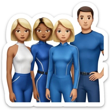 3 Friends standing side by side, charlie's angels style: 1 black woman with a short flat pressed bob, 1 hispanic man with a thin nose and long hair, and 1 white guy with blue eyes and a short brown-blonde haircut sticker