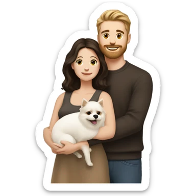 Young white man with short dark brown hair with a small beard hugging his white wife with dark brown hair and both of them hugging a beige and white Pomeranian  sticker