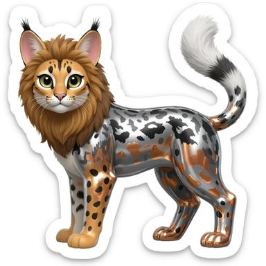 Realistic patterned marked edgy greyish blackish whitish silvery coppery Shiny Colorful Glossy Genet-Caracal-Lion-Bunny-Bobcat-fusion-animal-hybrid-creature, full body, big-tufted-bat-ears, long-thin-tufted-white-tipped-tail sticker
