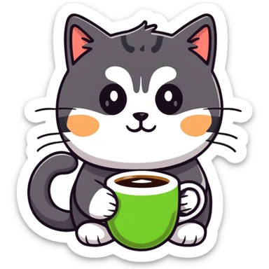 tricolor fluffy cat with big green eyes drinking a cup of coffee sticker