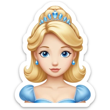 Cinematic Realistic Comical Cinderella Portrait, with every detail rendered realistically—from the soft, smooth texture of her fair skin to her artfully styled golden-blonde hair. Her bright blue eyes are wide with playful disbelief, and her expression carries a touch of whimsical humor while retaining elegant poise. Her classic ball gown, detailed with rich fabric textures and natural shadows, catches the light in a way that blends refined beauty with a hint of cheeky mischief, creating a striking, lifelike portrayal. sticker