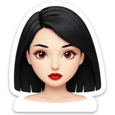 Girl hair black, lips red, eyes brown with lashes sticker
