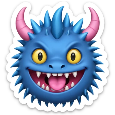 A blue monster with two small black horns, spiky fur, large round yellow eyes, a wide grin showing sharp teeth, and its tongue playfully sticking out to the side. sticker