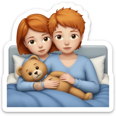 ginger woman short hair cuddle in bed with teddy sticker