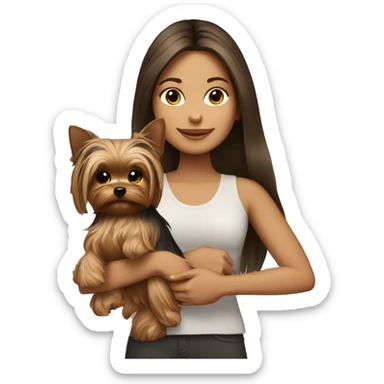 Brunette long hair light tan girl with yorkie puppy sticker