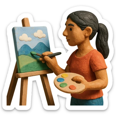 tanned woman artist with long black hair in a ponytail, painting a landscape at an easel, holding a paint palette and brush, claymation style sticker