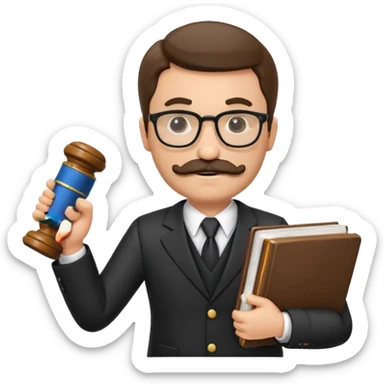 “Create a clean, modern emoji-style illustration of a male lawyer. He is wearing a formal suit jacket. He is holding a judge’s gavel (QUE SE VE DE COSTADO) in one hand and has a law book tucked under his arm. He has a mustache and a short beard, and GLASSES sticker